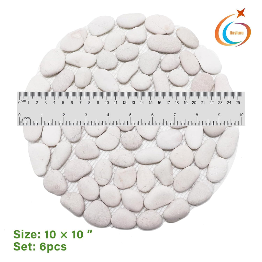 10in River Rock Stepping Stones Set - 6 Pack | Polished Pebble | Long-Lasting PVC Mesh Backing | Perfect for Garden Paths and Lawns Outdoor Landscaping Decoration | White Circle