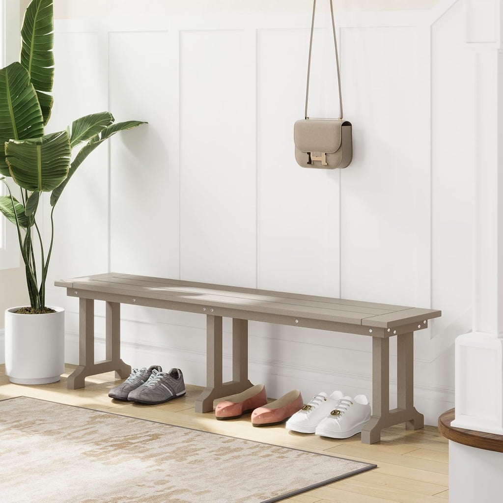 Outdoor Benches Weatherproof, Park Long Bench Poly Lumber Backless for Entryway Front Porch Garden Bench Seat for Patio, Weathered Wood