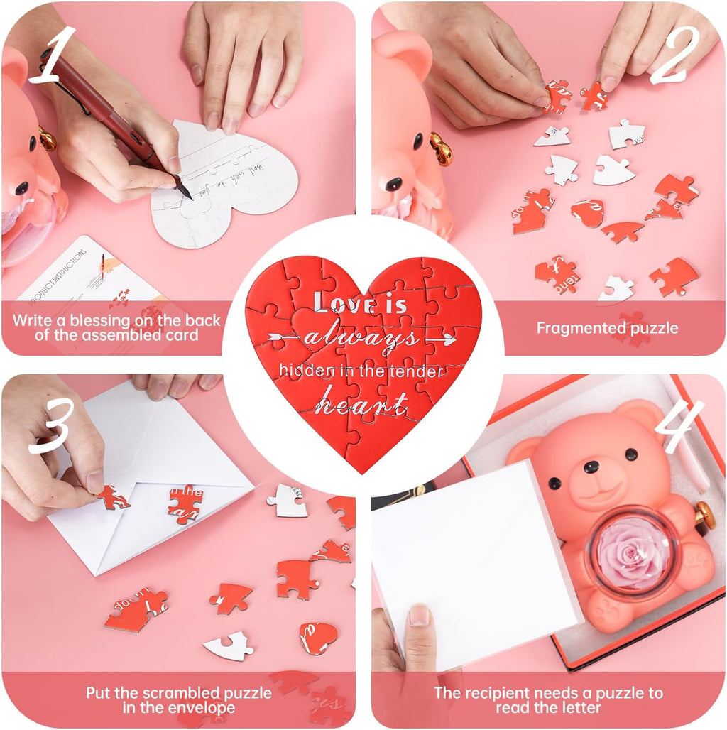 Cute Teddy Bear with Preserved Rose - A Real Rose Flower in Bear with Elegant Gift Box - Romantic Gift for Her in Mother's Day, Weddings, Anniversaries, and Bridal Showers (Pink)