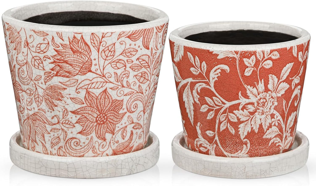 Set of 2 Ceramic Pink Orange Plant Pots with Drainage Hole and Saucers, Vintage Farmhouse Accent Planters for Indoor Plants, Round Flower Pots Rustic Succulent Pot Terracotta Tubs 5.7/4.7 Inch
