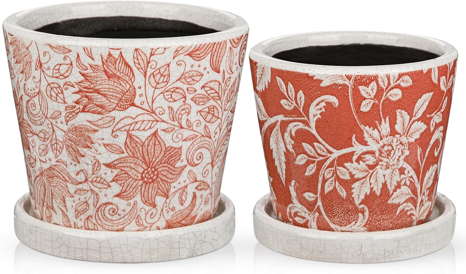 Set of 2 Ceramic Pink Orange Plant Pots with Drainage Hole and Saucers, Vintage Farmhouse Accent Planters for Indoor Plants, Round Flower Pots Rustic Succulent Pot Terracotta Tubs 5.7/4.7 Inch