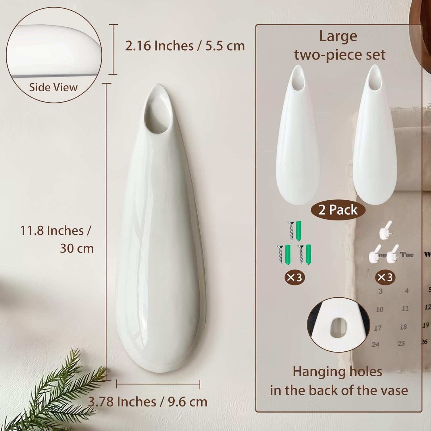 2 Pack White Ceramic Wall Vases,11.8 Inch Wall Hanging Plant Holder,Cubicle Modern Decor Plant Holder Vase for Indoor Plants, Hanging Propagation Flower Pots for Air Vases