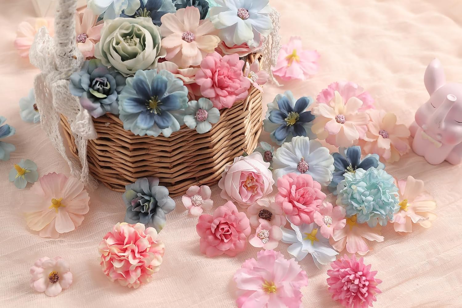 Faux Flower Heads Small Silk Artificial Flower DIY Fake Mini Flowers Rose Daisy Flowers Craft Supplies for Wedding Party Wreath Graduation Season Party Home Decor (125, Blue Pink)