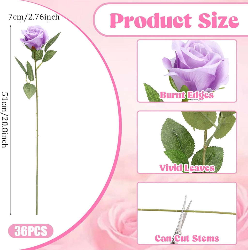 36 Pcs Silk Purple Rose Bouquet Bridal Artificial Flowers,Fake Rose Long Stem Realistic Artificial Flowers Bulk for Wedding Bouquet Ball Arrangement Centerpiece Party Decor