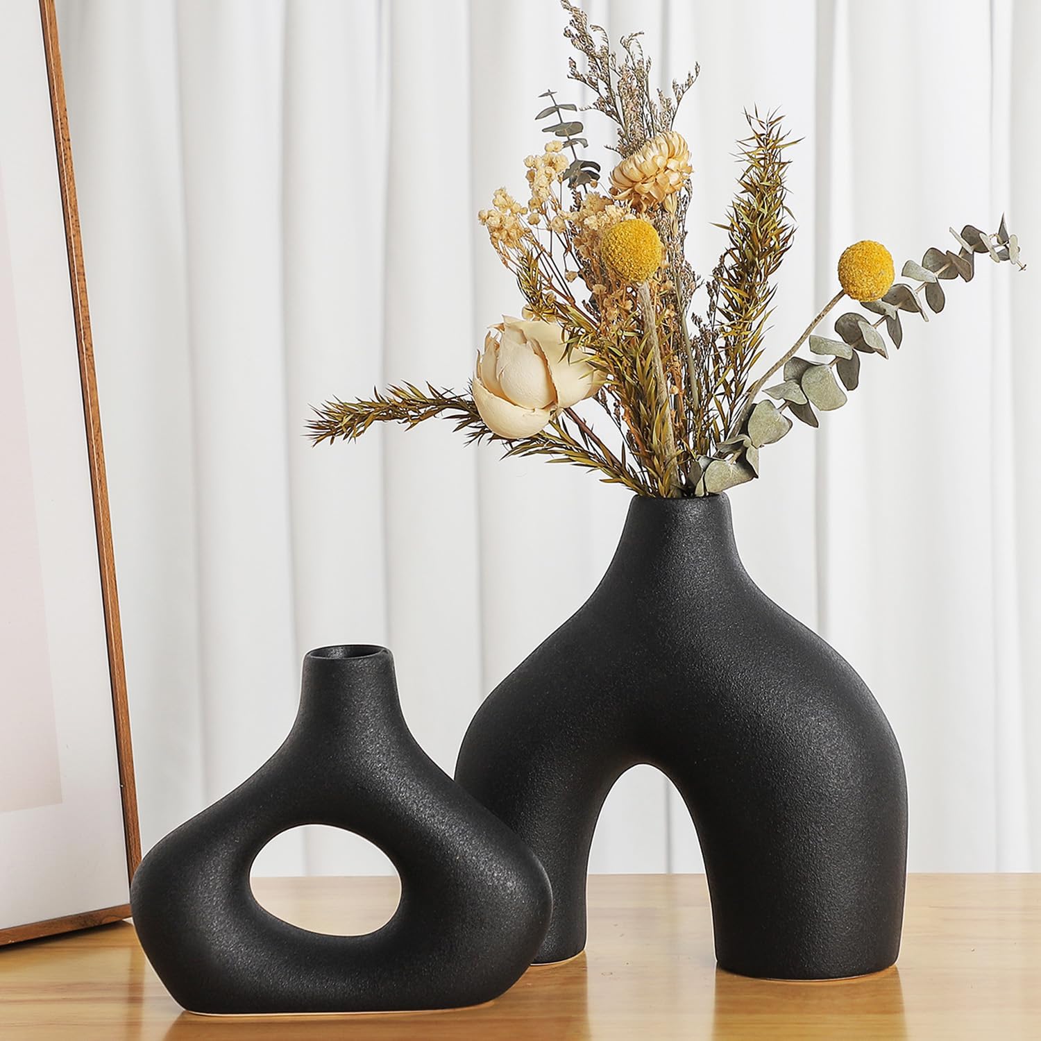 CEMABT Black Ceramic Vase Set of 2 for Modern Minimalist Bohemian Decor，Round Matte Donut Vases for Pampas Grass-Perfect for Living Room, Dining Table, Office Bedroom Shelf Decor Entryway, Console