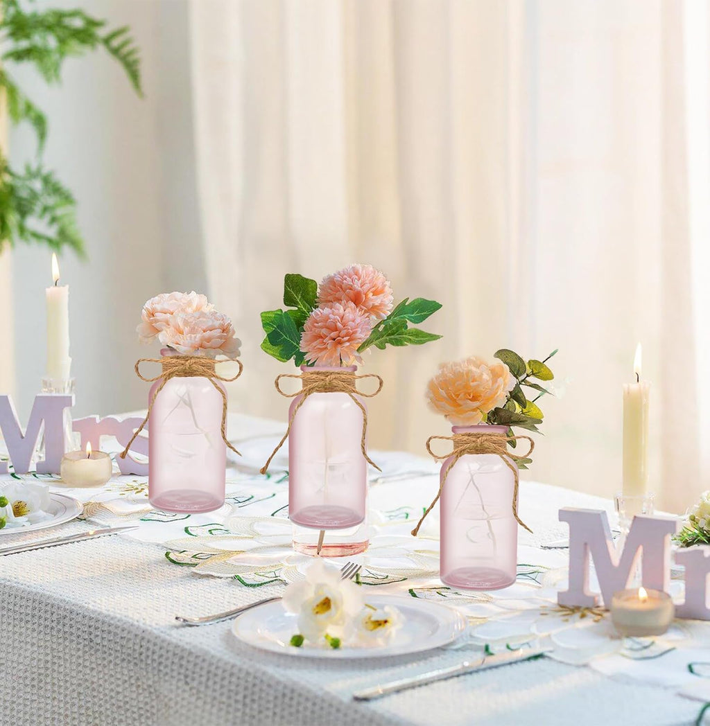 Vintage Glass Flower Vase，6 Pack Pink Farmhouse Glass Centerpiece Vases Mason Jars for Weddings, Parties & Home Decor Bulk (6, Pink)