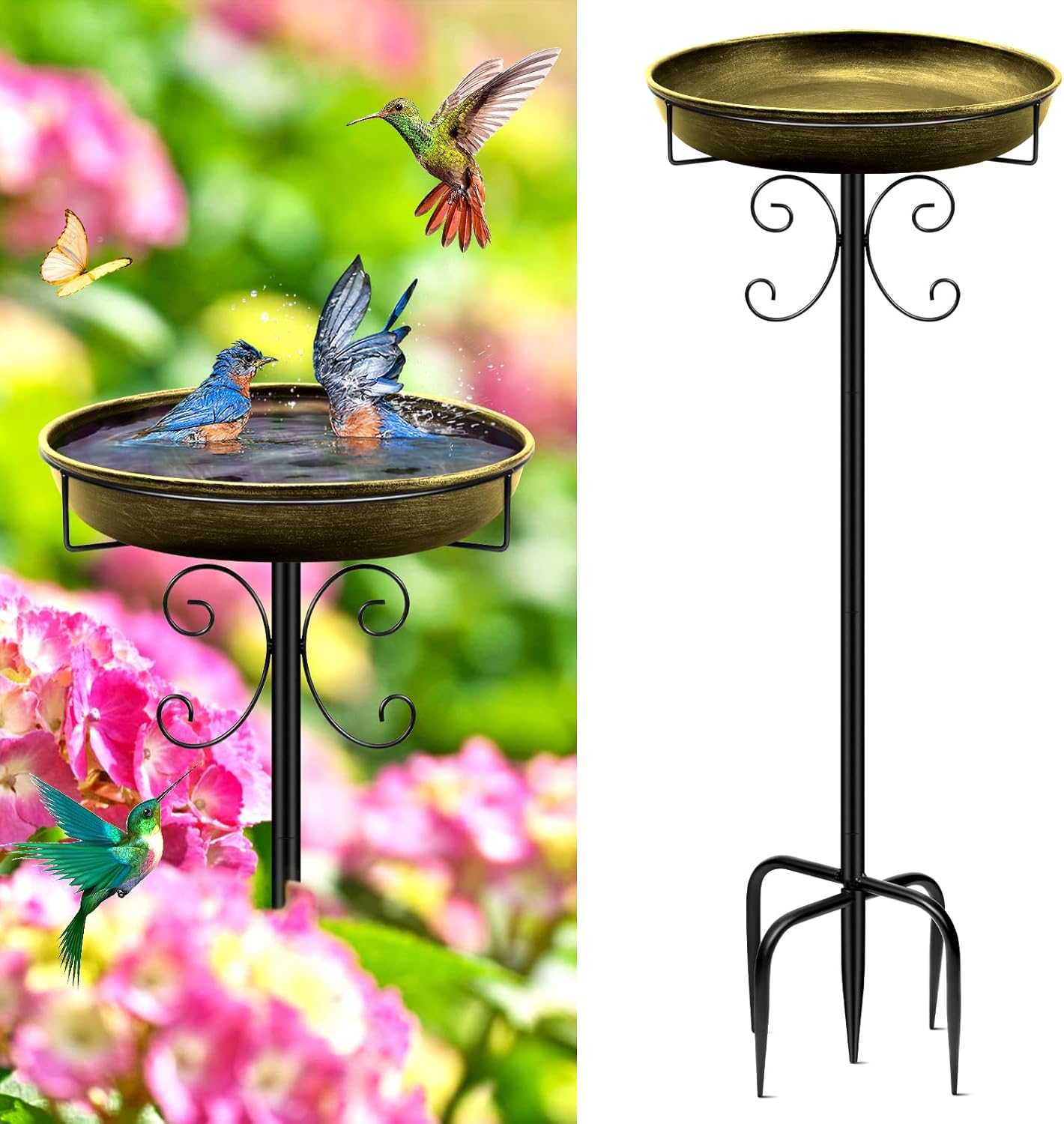 Daoeny 35In Metal Bird Bath for Outside, Vintage Bird Bath Bowl, Detachable Birdbath & Birdfeeder with 5 Prongs Base Stake, Bird Baths for Outdoors Garden Yard Lawn Decor (Antique Golden)