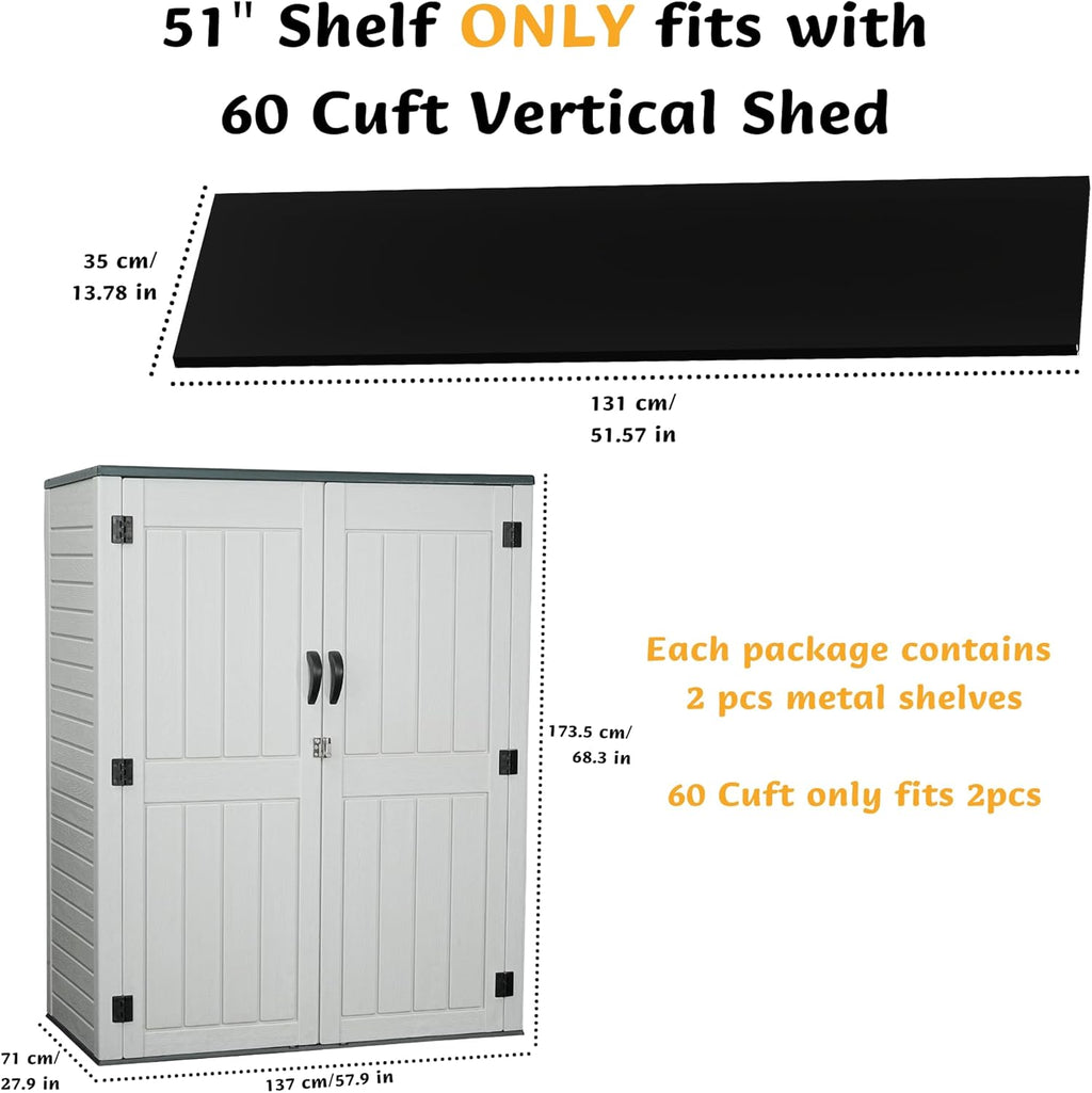 Vertical Resin Storage Shed with 2 Shelves, 60 Cuft Garden Tool Sheds & Outdoor Storage, Plastic Outdoor Storage Cabinet Waterproof, 4.5 x 2.3 ft Backyard Outside Lawn Mower Storage Shed, White