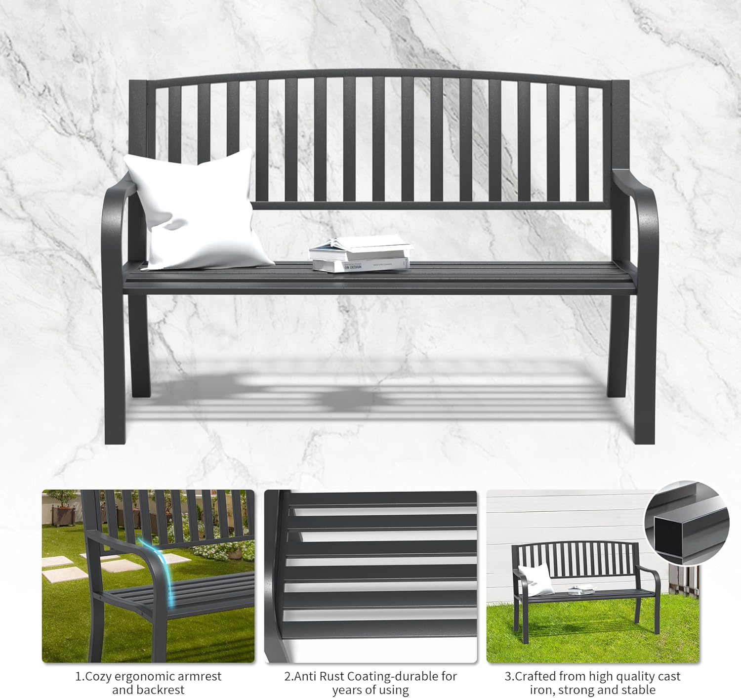 YLGJ&TIDY 50" Outdoor Bench, Metal Garden Bench, Patio Park Bench with Backrest & Armrests, Rust-Resistant, Perfect for Gardens, Parks, Porch, Lawn and Yard (BENCH08)