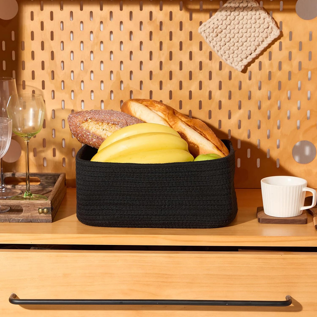 Small Storage Baskets for Organizing | Closet Organizer Bins | Shelf Toy Basket | Woven Rope Baskets | Cube Decorative Box | Shallow Basket | 11.5x7.5x4.7” | 4 Packs Black