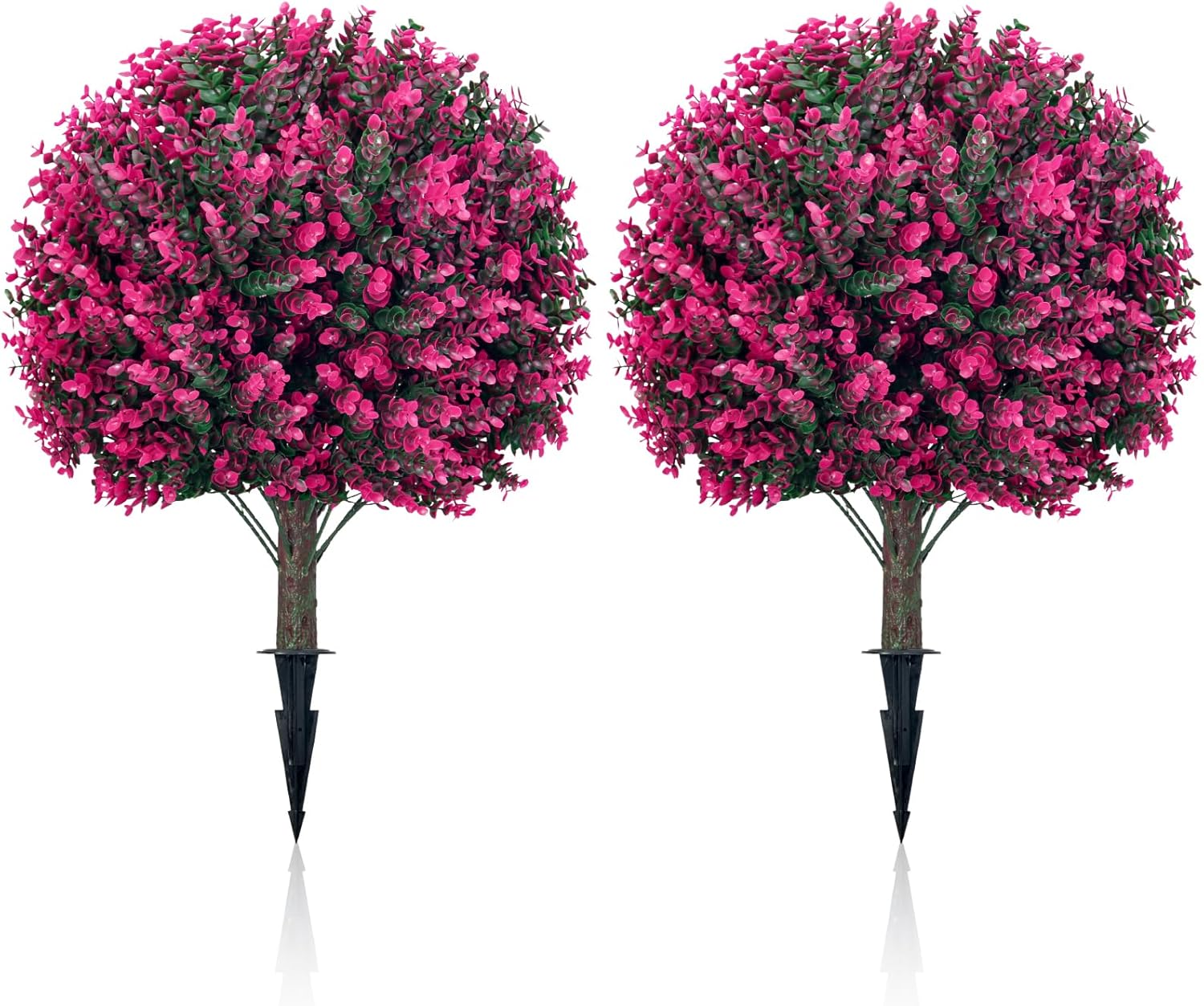 Artificial Topiary Tree with Pink Eucalyptus, Set of 2-17in UV Resistant Fake Evergreen Tree for Porch, Outdoor Artificial Plants for Planters - Ground Spike Included FZHCZWZX