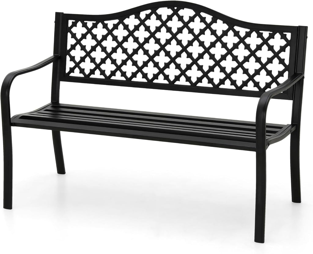MFSTUDIO 50" Black Outdoor Metal Garden Bench, Cast Iron Frame Patio Furniture with E-Coating, Perfect for Porch and Yard