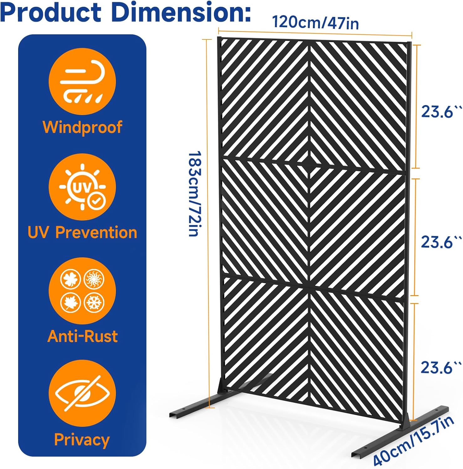 Metal Privacy Screen 72" H x 47.2" Decorative Outdoor Privacy Screen Privacy Panel with Stand for Balcony Deck Patio Lawn Garden, Privacy Fence (Black-Arrow)