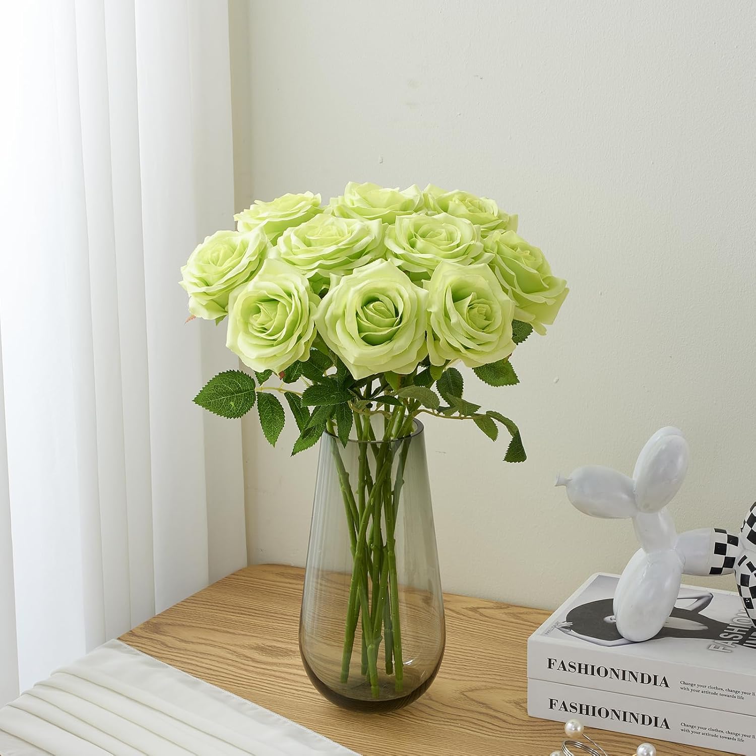 Artificial Rose 10pcs Open Flower Bouquet Faux Rose Stems for Wedding Arrangement, Bridal Bouquet, Centerpiece, Fake Faux Silk Flowers (Green)