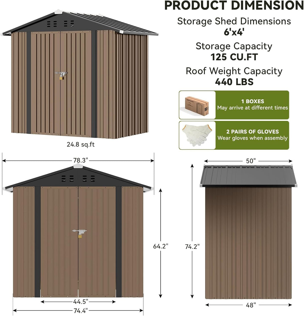 COMHOMA Shed Outdoor Storage Shed Metal,Lockable Doors Tool Sheds with Sloping Roof,Steel Garden Shed with Air Vent for Backyard,Patio,Lawn,Poolside (Brown, 6'*4')
