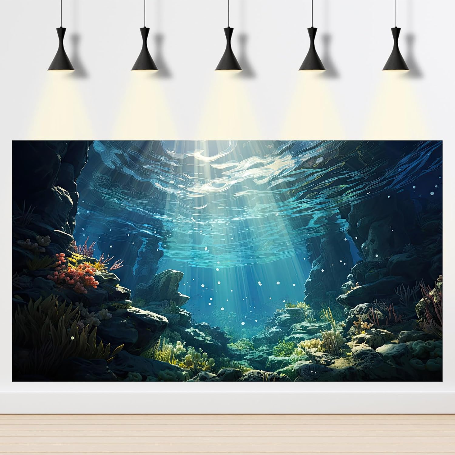 Underwater Aquarium Background Corals and Tropical Fish Terrarium Backdrop Rock Aquatic Plants Sunlight Rays Fish Tank Background Tank Aquarium Wallpaper Poster Decor 24x12in