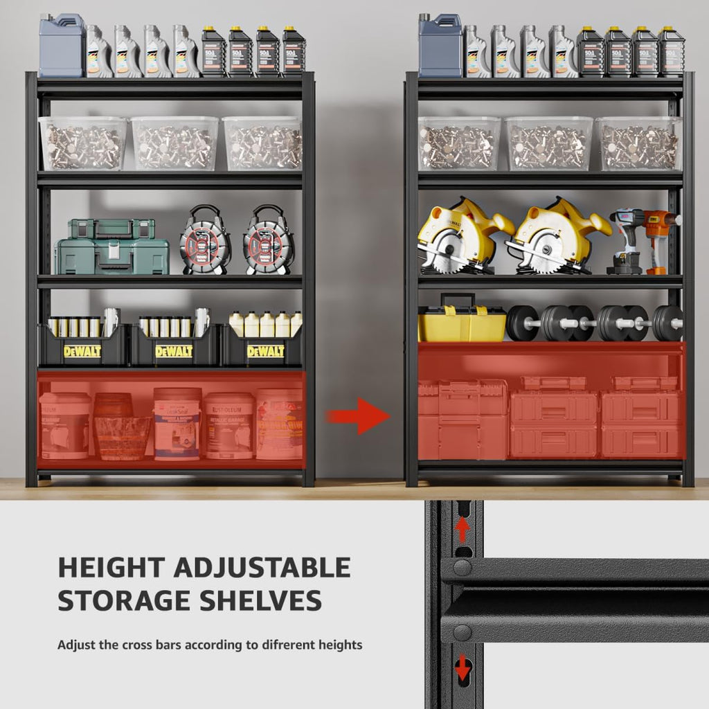 5 Tier Metal Shelving Unit, 78" H x 48" W x 24" D Adjustable Garage Shelves, Heavy Duty Storage Shelves for Warehouse, Basement, Kitchen, Pantry, Living Room, 2500LBS, Black