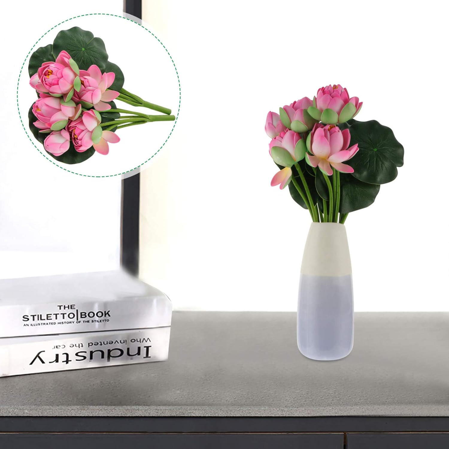 Artificial Lotus Flower, 2pcs Simulation Lotus Decoration Fake Flowers Centrepieces with Stems Floral Art for Home Office Table Centerpiece Decor