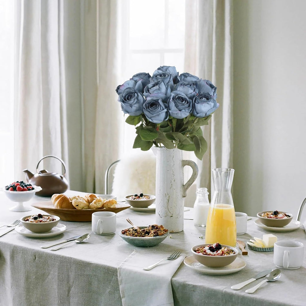 12 pcs Dusty Blue Roses Artificial Flowers Vintage Burnt Edge Rose 20" Realistic Silk Roses Bouquet with Long Stem for Wedding Party Floral Centerpieces Decoration (Dusty Blue)