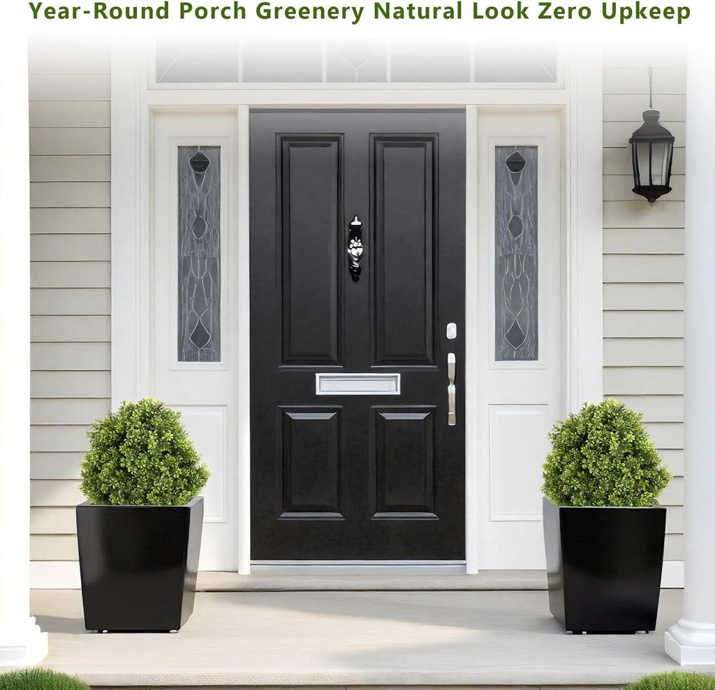 THE BLOOM TIMES 2ft Faux Boxwood Plants Outdoor Set of 2, Topiary Balls Artificial Outside Trees, 24" UV Resistant Fake Greenery Bushes & Shrubs for Front Porch Planter