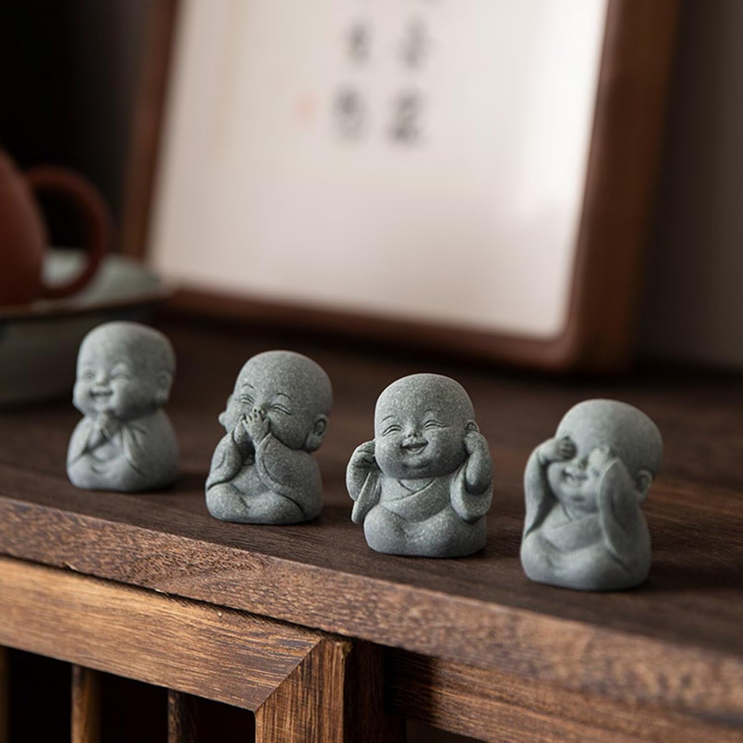 Laughing Buddha Statue Decor - 4Pcs Small Zen Monk Sandstone Buddha Sculpture for Wealth Good Luck Feng Shui Decor, Cute Zen Decoration for Home Office Desk Indoor and Outdoor(Gray)