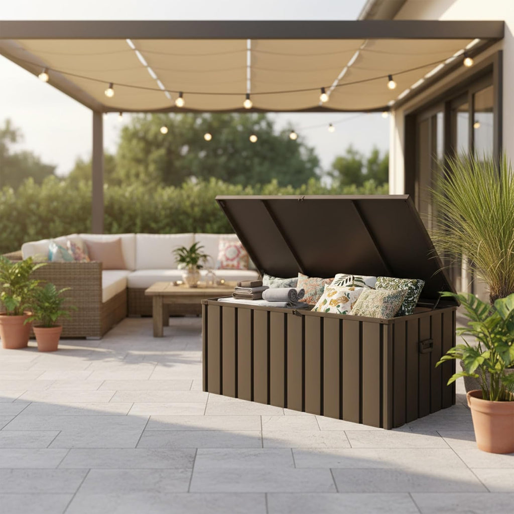 PURPLE LEAF Outdoor Deck Box 150 Gallon Waterproof Lockable Storage Box Container with Lid Deck Organization for Patio Cushions Side Table Pool Accessories Garden Tools, Brown