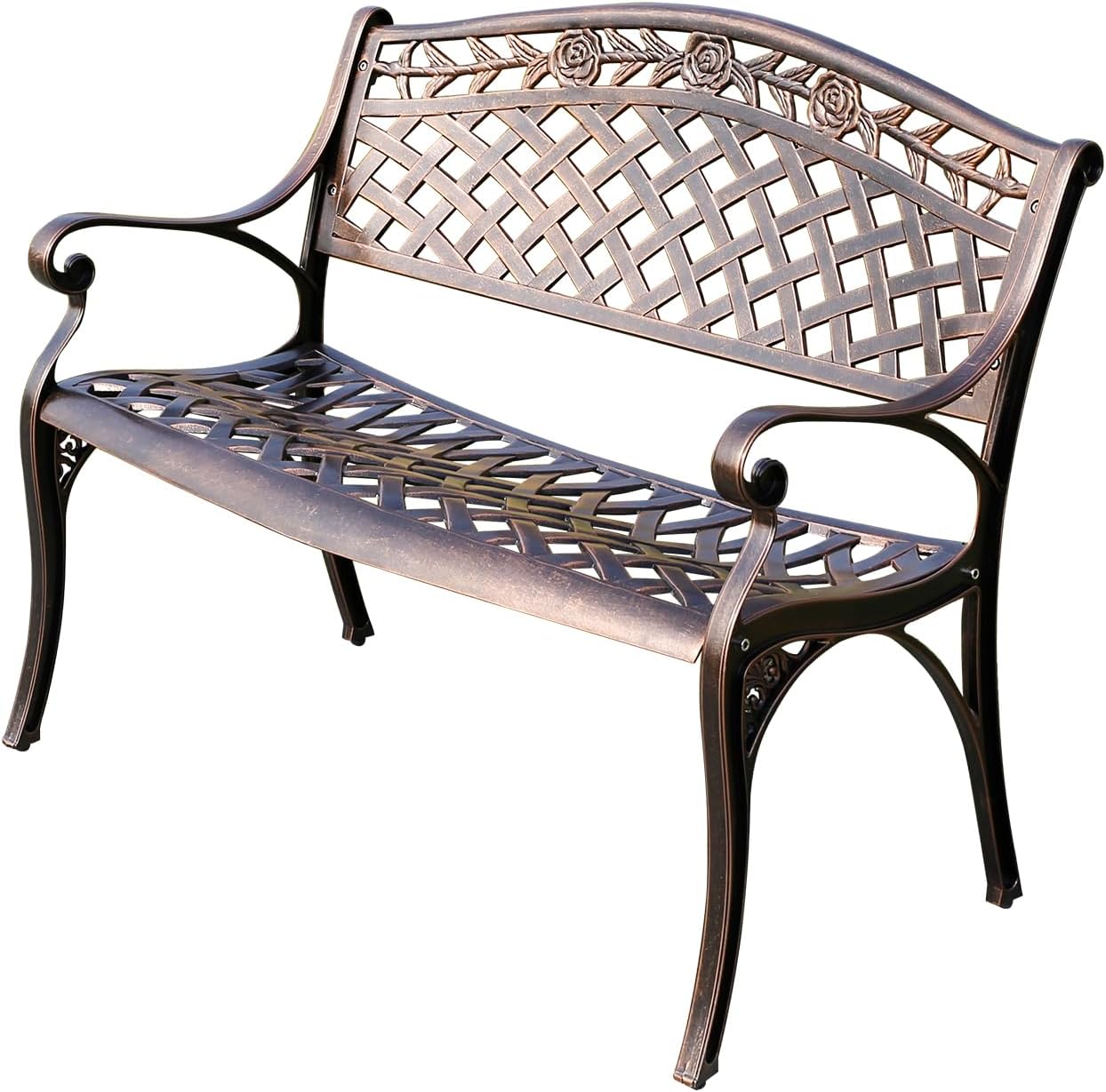 Outdoor Bench Chair Cast Aluminum Garden Bench Patio Bench All-Weather Park Bench for Backyard Porch Lawn (100cm Rose Park Bench)