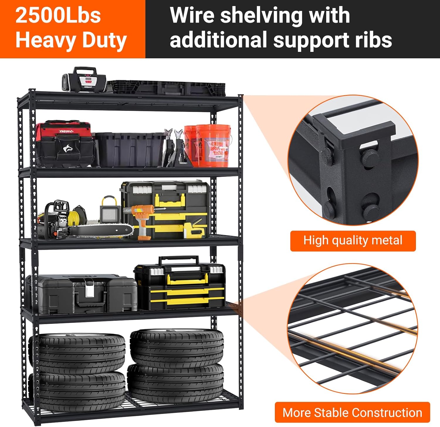 2500 LBS Storage Shelves, 5 Tier Garage Shelving, Heavy Duty, Adjustable Metal Shelving Unit, Industrial Utility Shelf Rack for Garage, Basement, Pantry, 72" H x 48" W x 18" D, Black