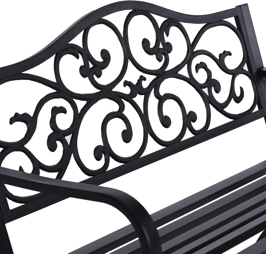 Sophia & William 50" Outdoor Garden Bench Patio Park Bench, Cast Iron Metal Frame Furniture with Floral Design Backrest for Porch Yard Lawn Deck, Black
