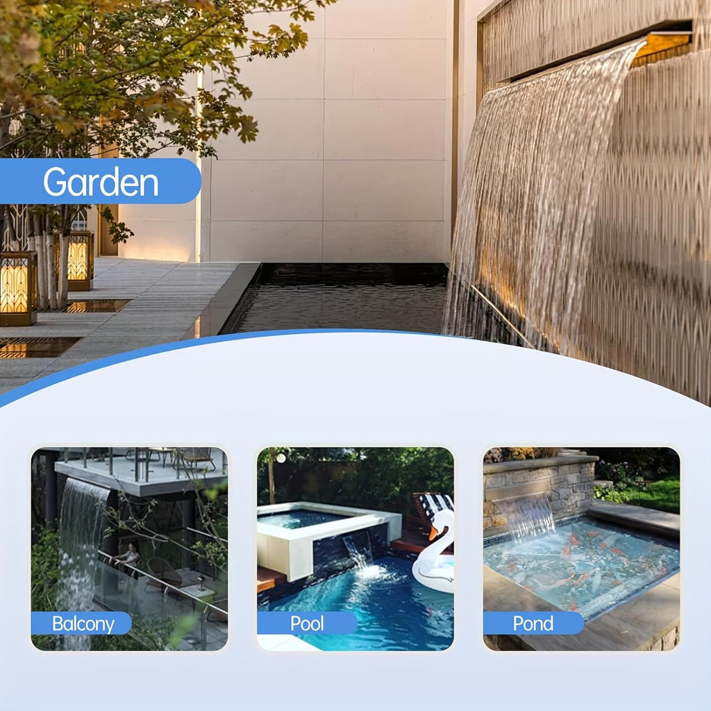 Pool Fountain Stainless Steel Pond Waterfall Spillway Kits for Indoor/Outdoor Decorative, 12 Inches Black Pool Water Feature for Garden Patio, Backyard Koi Pond Decor(No LED Light)