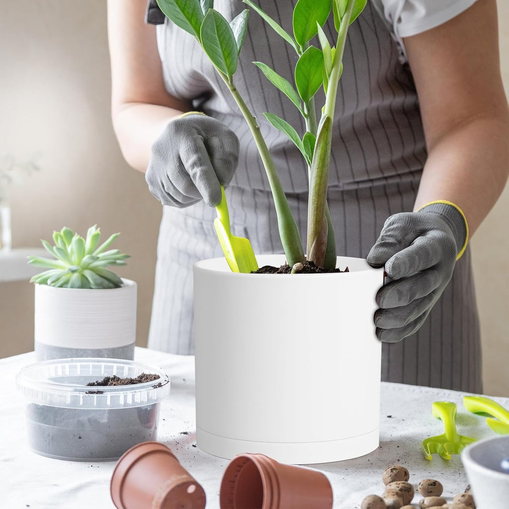 10 Inch Large Plant Pots for Indoor Outdoor Plants, Cylinder Deep Flower Pots with Drainage Holes and Saucer, Big Decorative Plastic Planter Pots for Garden House Plants, White