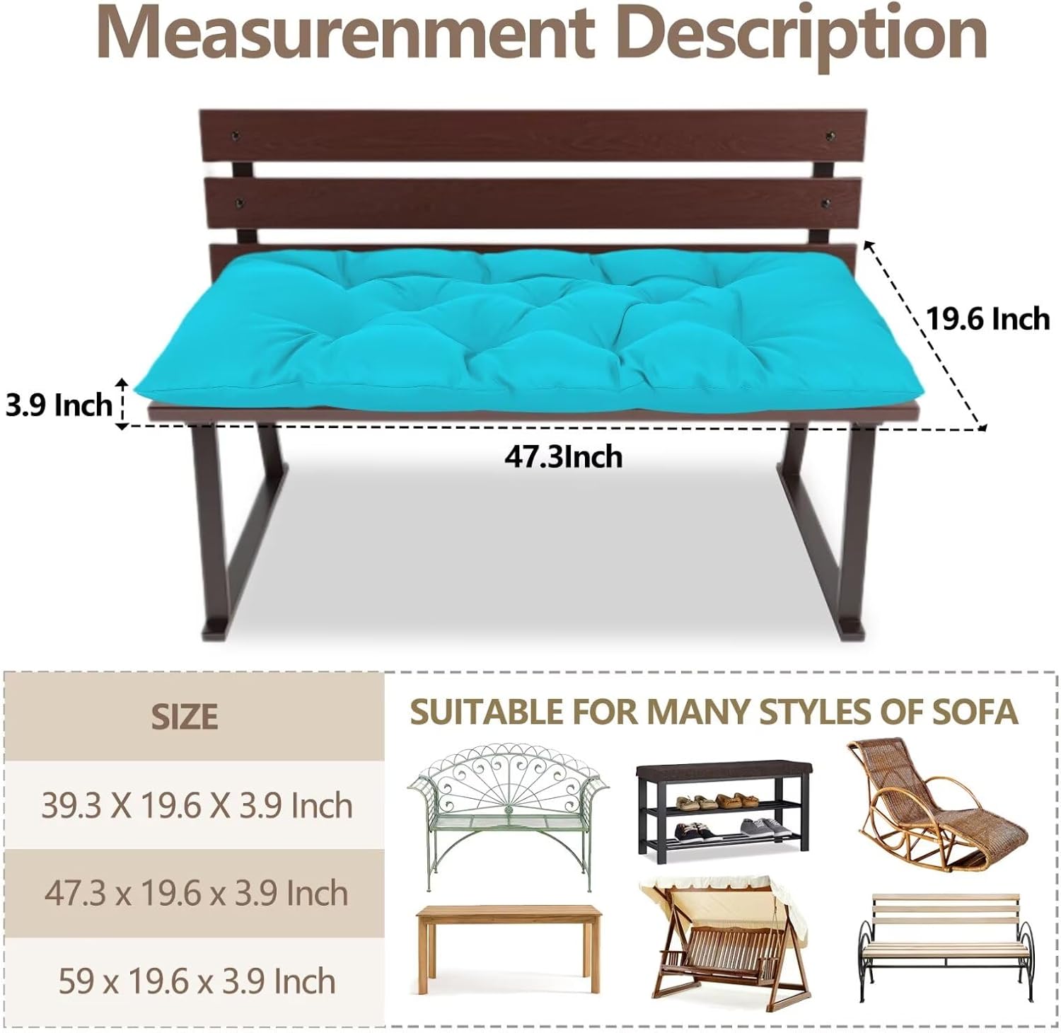 47.3 in Waterproof Indoor/Outdoor Garden Bench Seat Cushions，Thicken Patio Bench Soft Rocking Chairs Pad Lounger Seat for Wicker Loveseat Settee（47.3 X 19.6 X 3.9 in Turquoise）