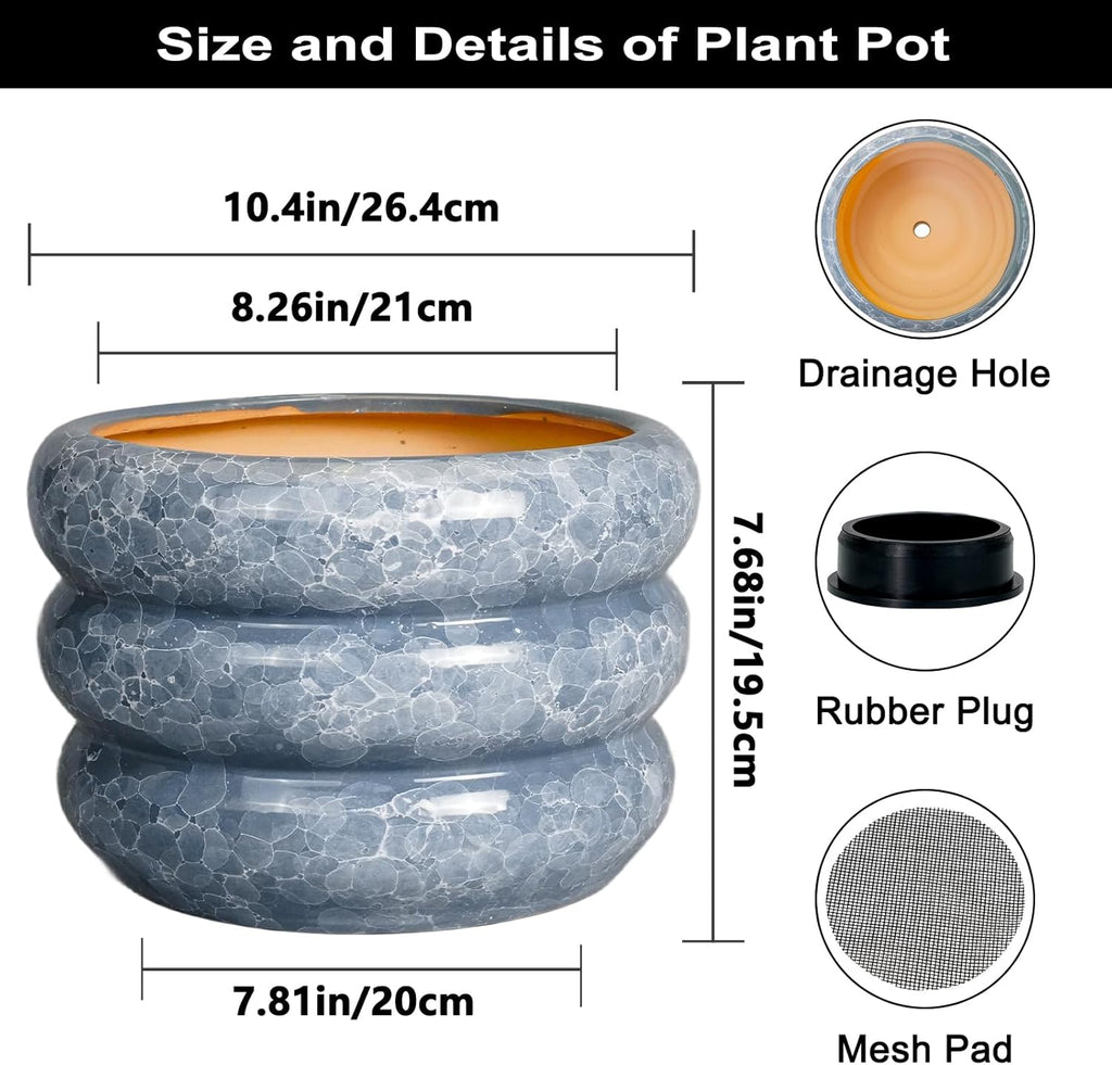 SQOWL Ceramic Planter 10 Inch - Indoor Plant Pot with Drainage Hole Outdoor Planter Large Flower Pot Modern Decorative Plant Pot for Bathroom Room Decorations Gray