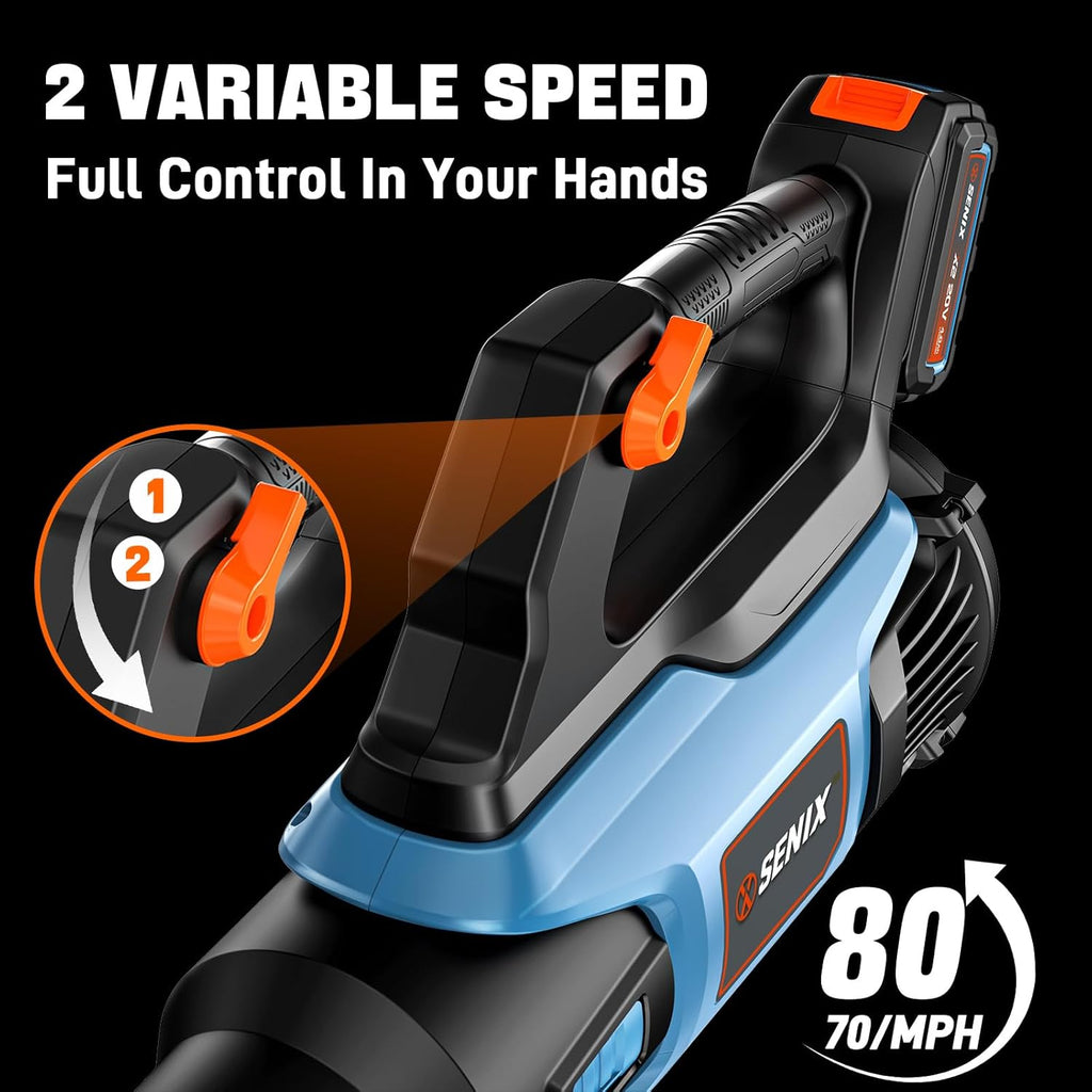 SENIX 20V Max Leaf Blower, Cordless, Brushless, Handheld, Up to 350 CFM and 80 MPH, 2 Speed Mode, Cruise Control, Lightweight, 4.0 Ah Battery and Charger Included (BLAX2-M)