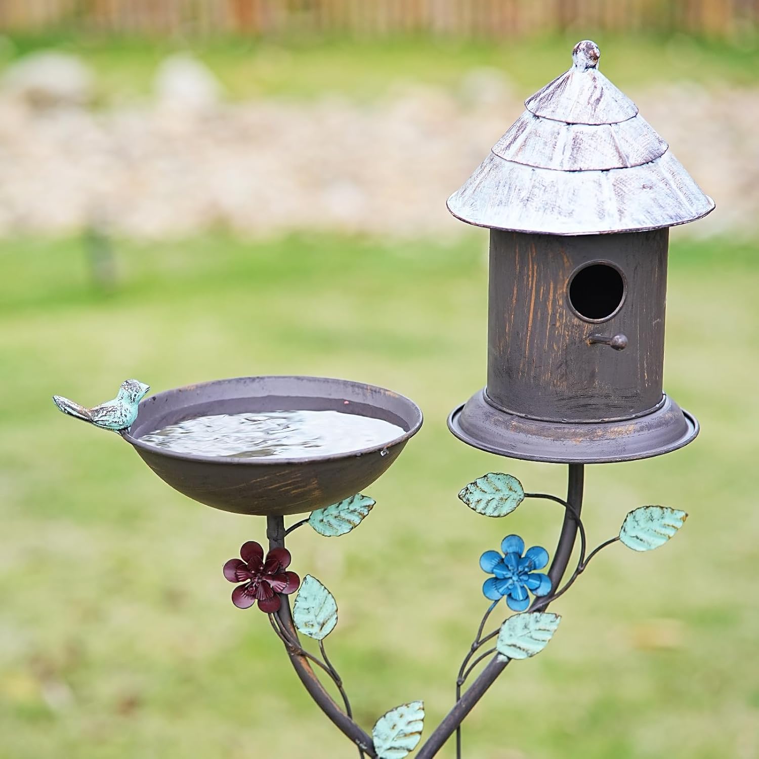 56.7” H Bird Baths for Outdoors, Metal Bird Bath Bird House and Planter Pot 3-in-1 Design, Birdbath and Bird Houses with Pole Stand for Outside Garden Yard Decor
