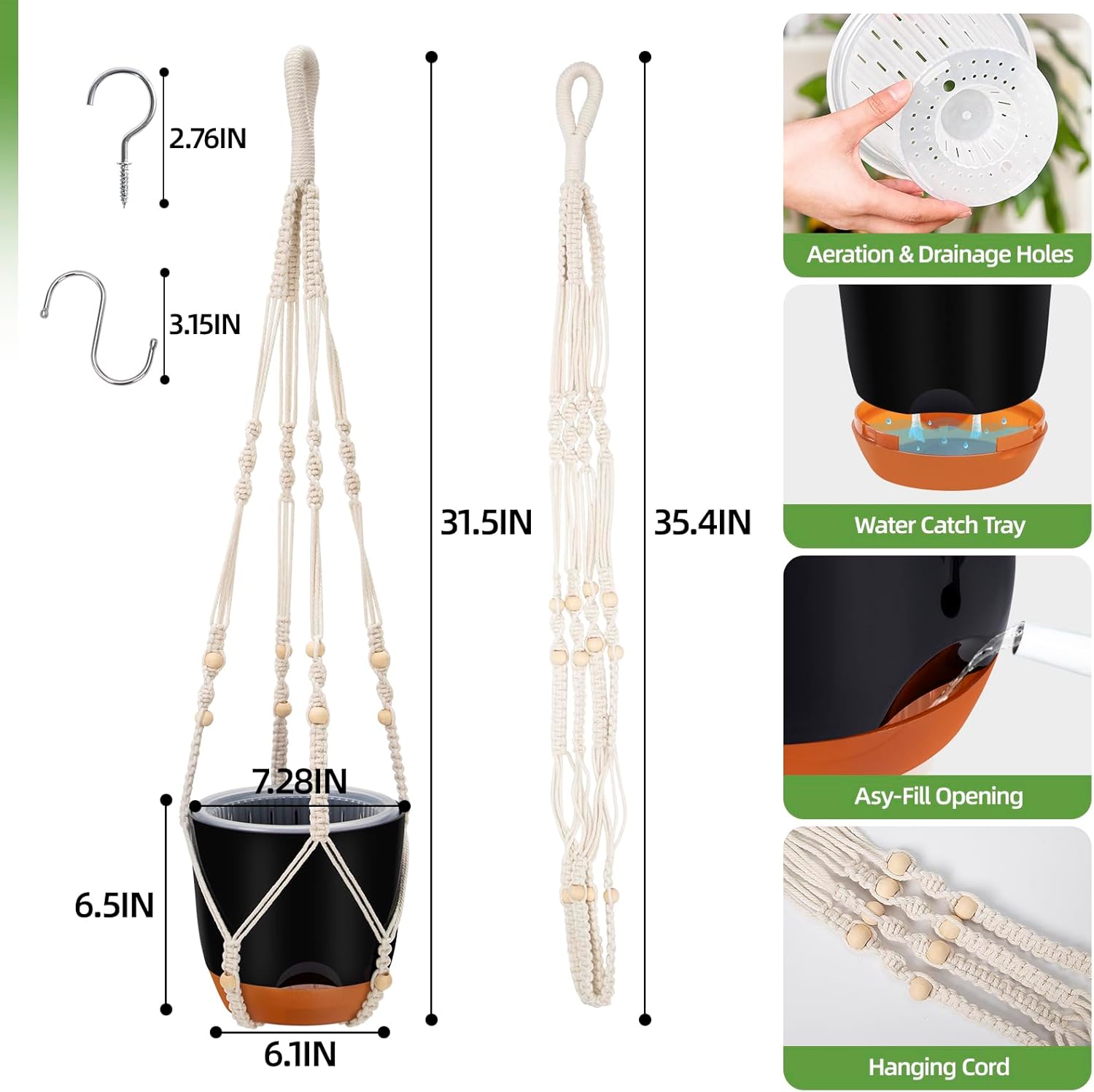 2-Pack 7.2-Inch Self-Watering Hanging Planters for Indoor & Outdoor Plants,34-Inch macrame hanger plant pots indoor with drainage,Small Hanging Planters & Baskets in Black,With two sets of hooks