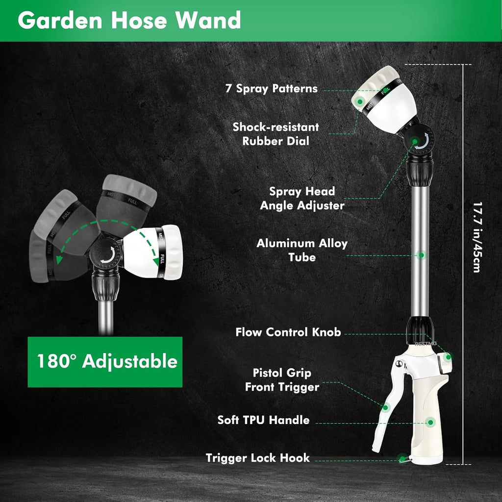 RESTMO Metal Watering Wand, Heavy Duty Garden Hose Wand with 180° Swivel Ratcheting Head, 16'' Hose Nozzle Sprayer with 7 Spray Patterns and Flow Control, for Water Hanging Baskets and Shrubs, White