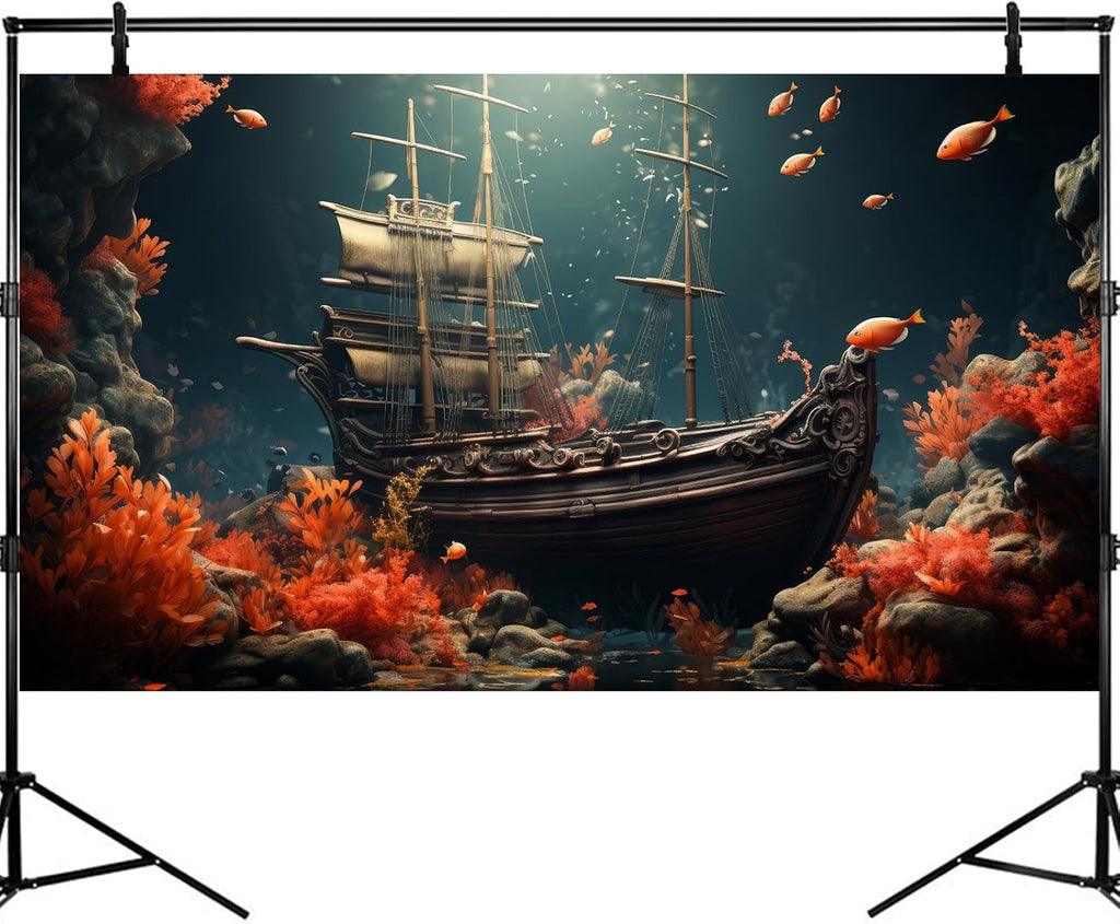 Pirate Shipwreck Aquarium Background Under The Sea Coral Reefs Fish Tank Background Underwater Sunken Ship Landscape Terrarium Background Tropical Sea Marine Life Aquarium Tank Background 36x20in