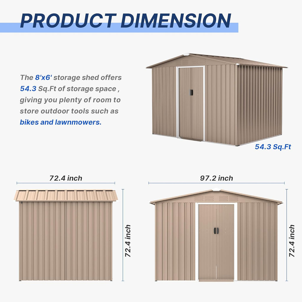 8FT x 6FT Metal Outdoor Storage Shed,Utility and Tool Shed Storage House w/Lockable Sliding Doors & Air Vent,Garden Shed for Backyard,Garden,Patio,Lawn