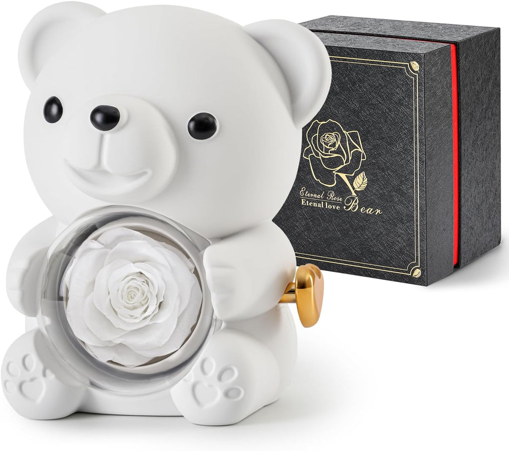 Cute Teddy Bear with Preserved Rose - A Real Rose Flower in Bear with Elegant Gift Box - Romantic Gift for Her in Mother's Day, Weddings, Anniversaries, and Bridal Showers (White)