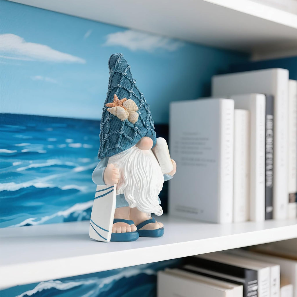 Garden Sea Gnome Statue Decoration Indoor Outdoor Resin Beach Gnome Sculpture for Home Office Desktop Bathroom, Summer Pool Decoration Outdoor Gifts (Surfboard)