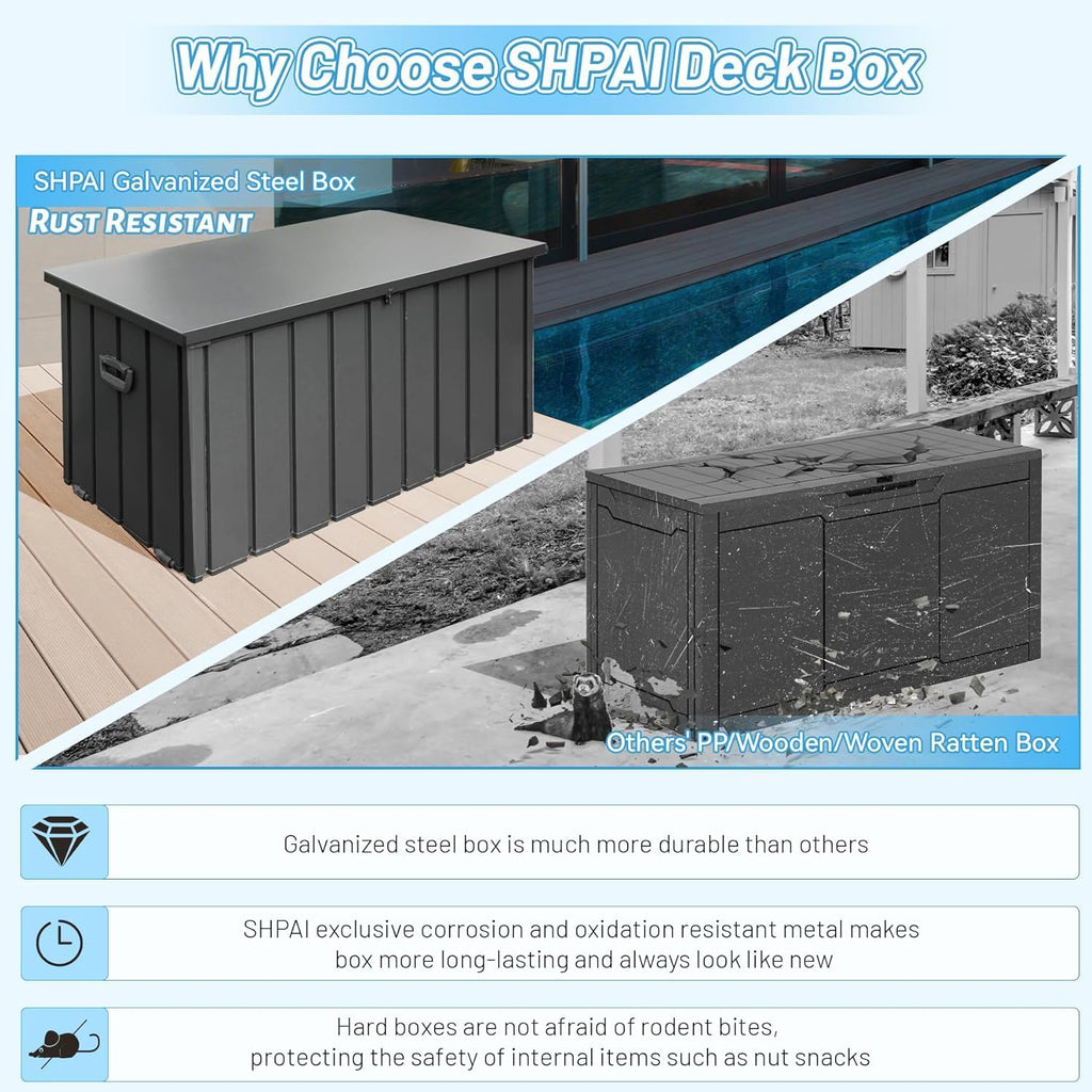 Metal Outdoor Storage Box, 150 Gallon Waterproof Deck Box for Patio Cushion, Outside Storage Cabinet Rust/UV Resistant, Lockable Garden Tool Storage Bin for Porch Package Delivery, Grey
