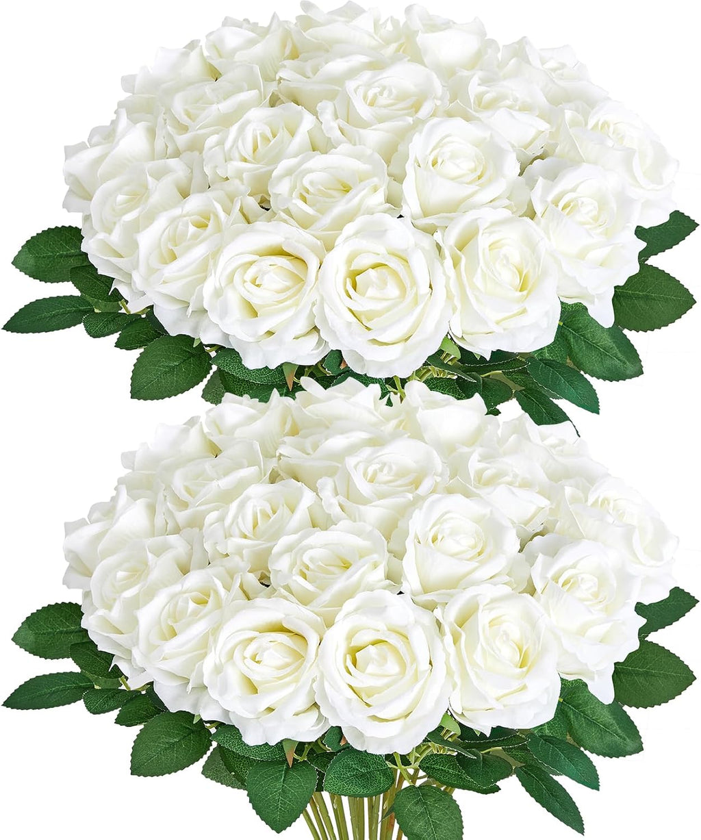 Serwalin 30PCS Artificial White Roses, Fake Silk Roses with Long Stems, Realistic Roses Flowers for Wedding Centerpieces Bridal Bouquet Party Home Office Decor
