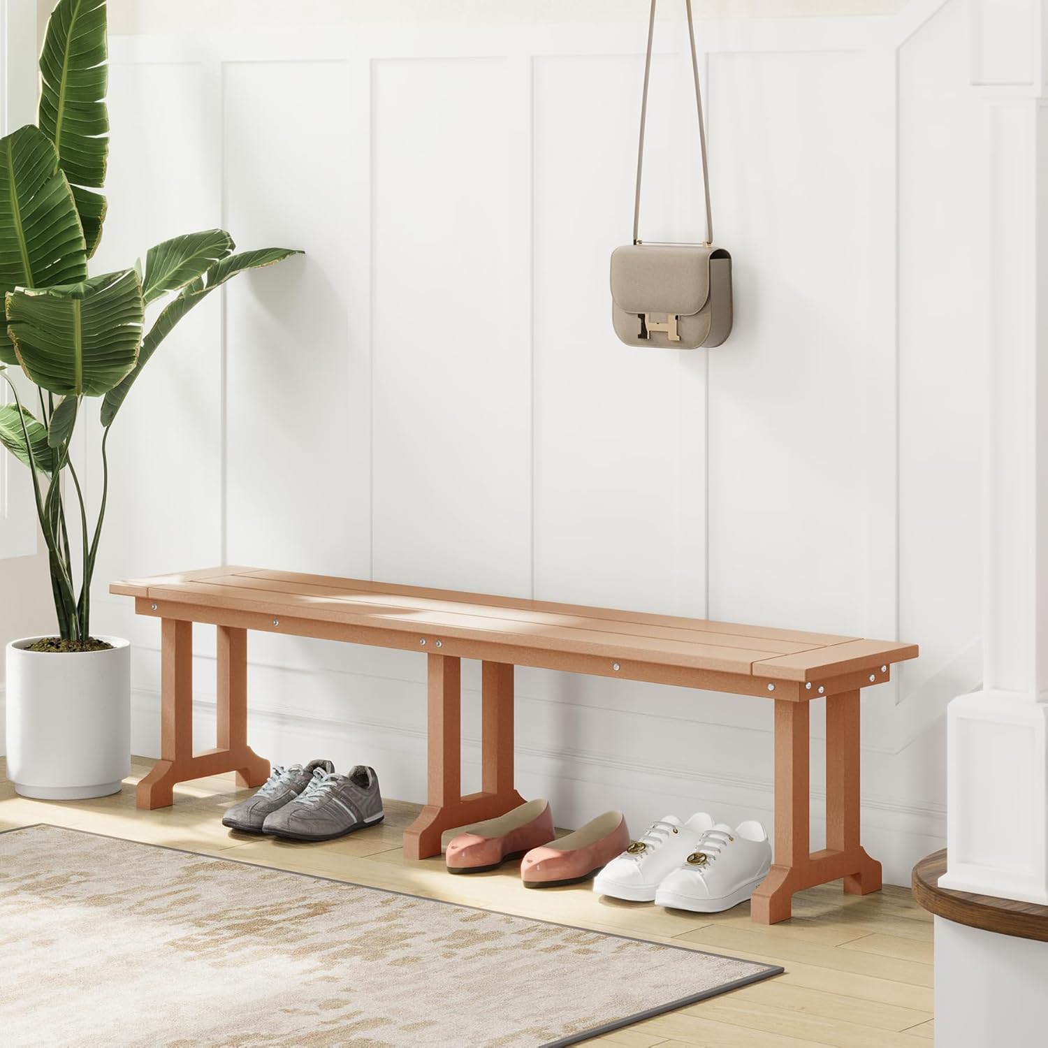 Outdoor Benches Weatherproof, Park Long Bench Poly Lumber Backless for Entryway Front Porch Garden Bench Seat for Patio, Teak