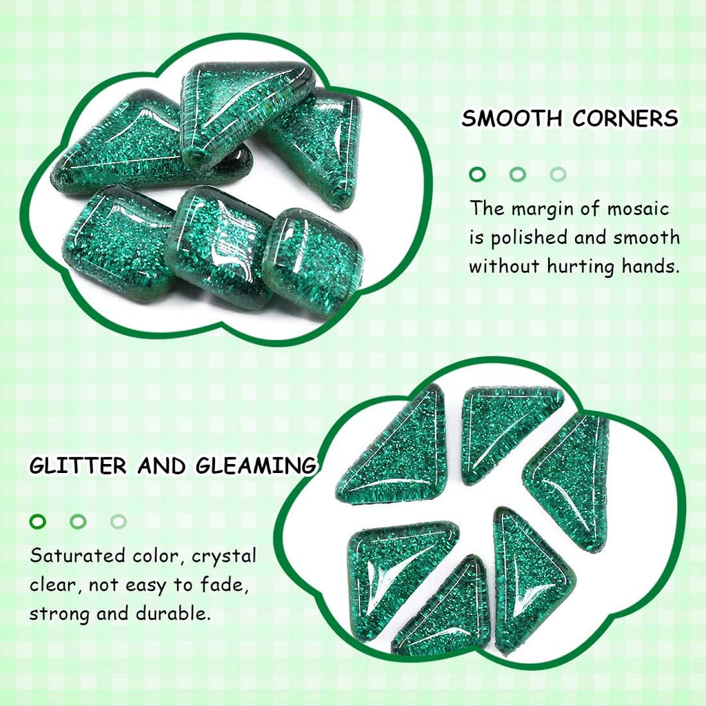 Swpeet 1 Pound Deep Green Shine Crystal Series Mosaic Tiles Assortment Kit, Square and Triangle Genuine Mosaic Tiles Glitter Crystal Mosaic Perfect for Home Decoration Crafts