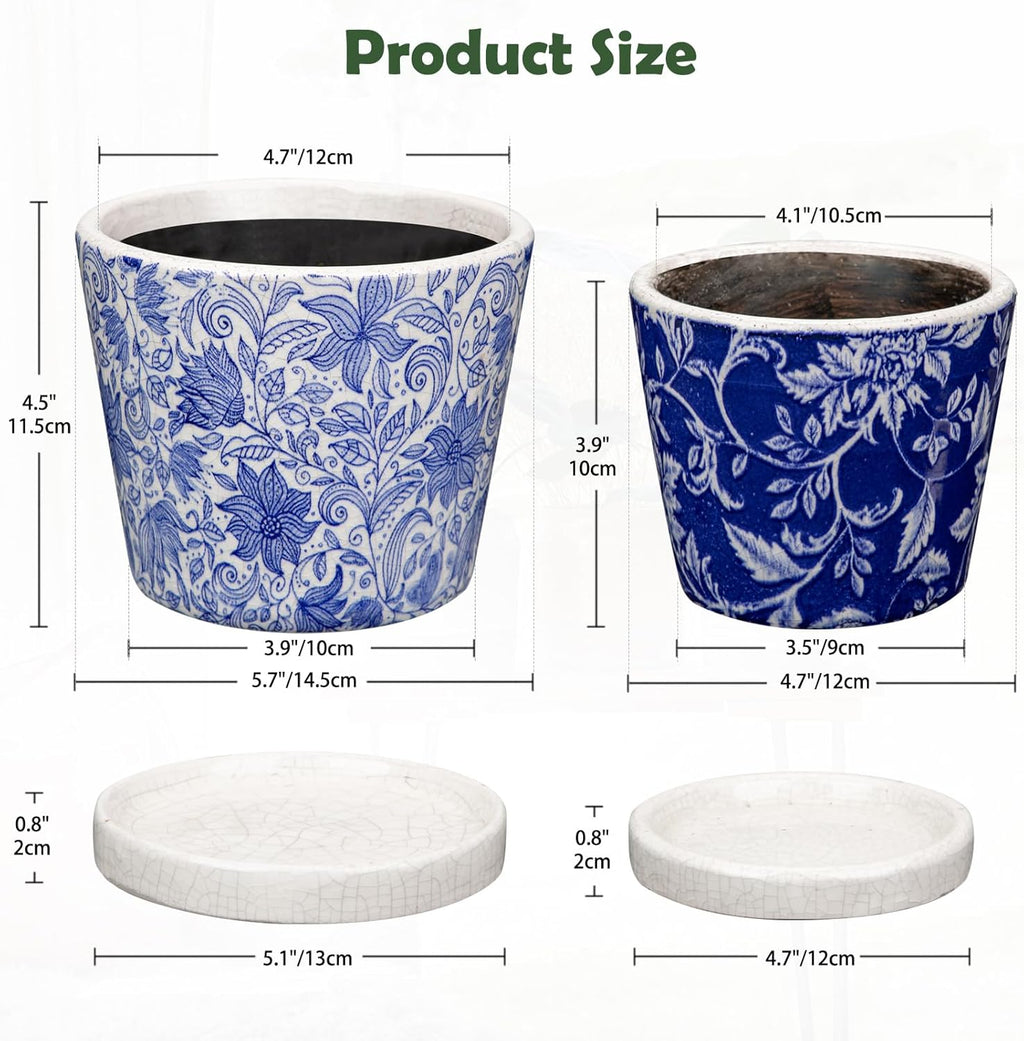 Set of 2 Ceramic Blue and White Plant Pots with Drainage Hole and Saucers, Vintage Farmhouse Accent Planters for Indoor Plants, Round Flower Pots Rustic Succulent Pots Terracotta Tubs 5.7/4.7 Inch