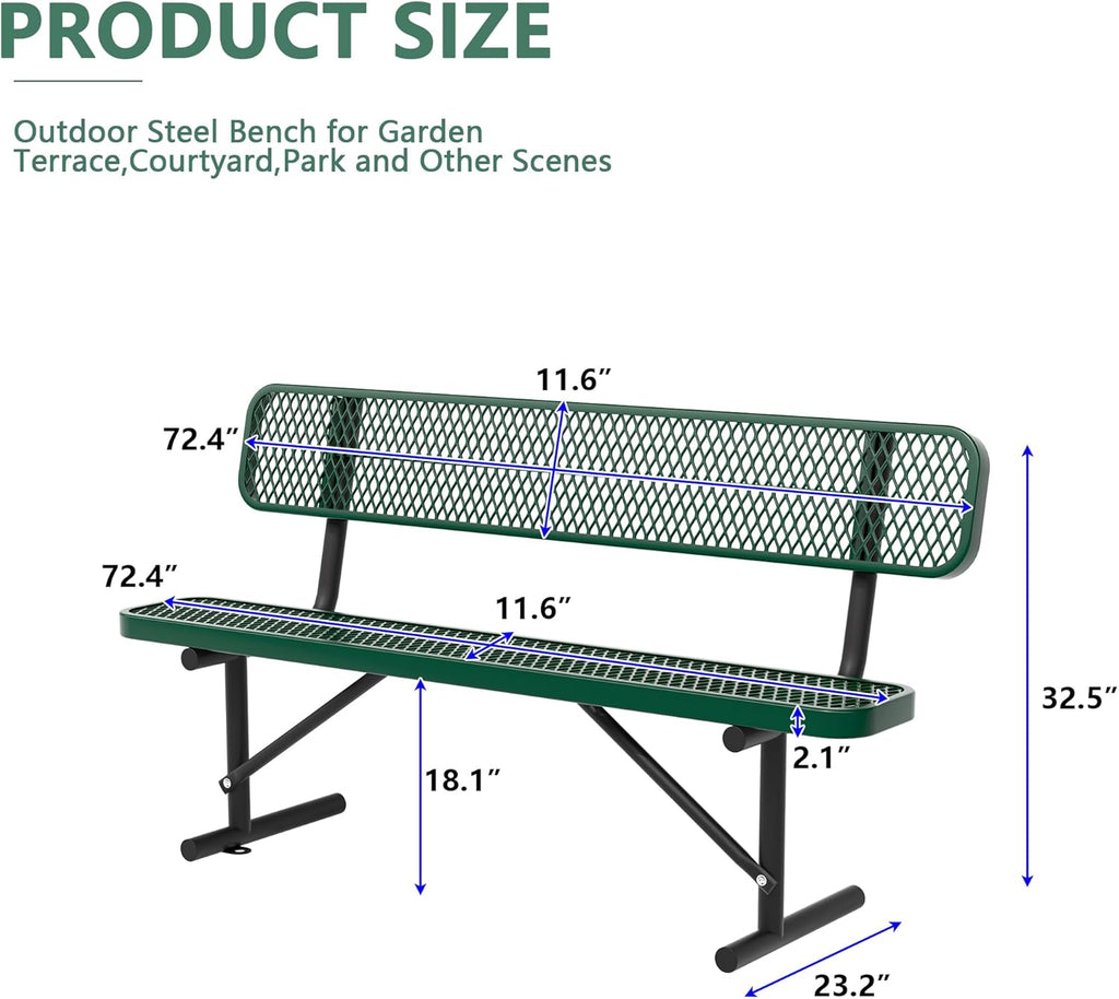 6FT Benches for Outside, Heavy-Duty Green Outdoor Garden Bench with Back, Metal Park Bench, Commercial-Grade Seating,Industrial Bench Patio Bench Furniture for Beach Yard School Shopping Centers