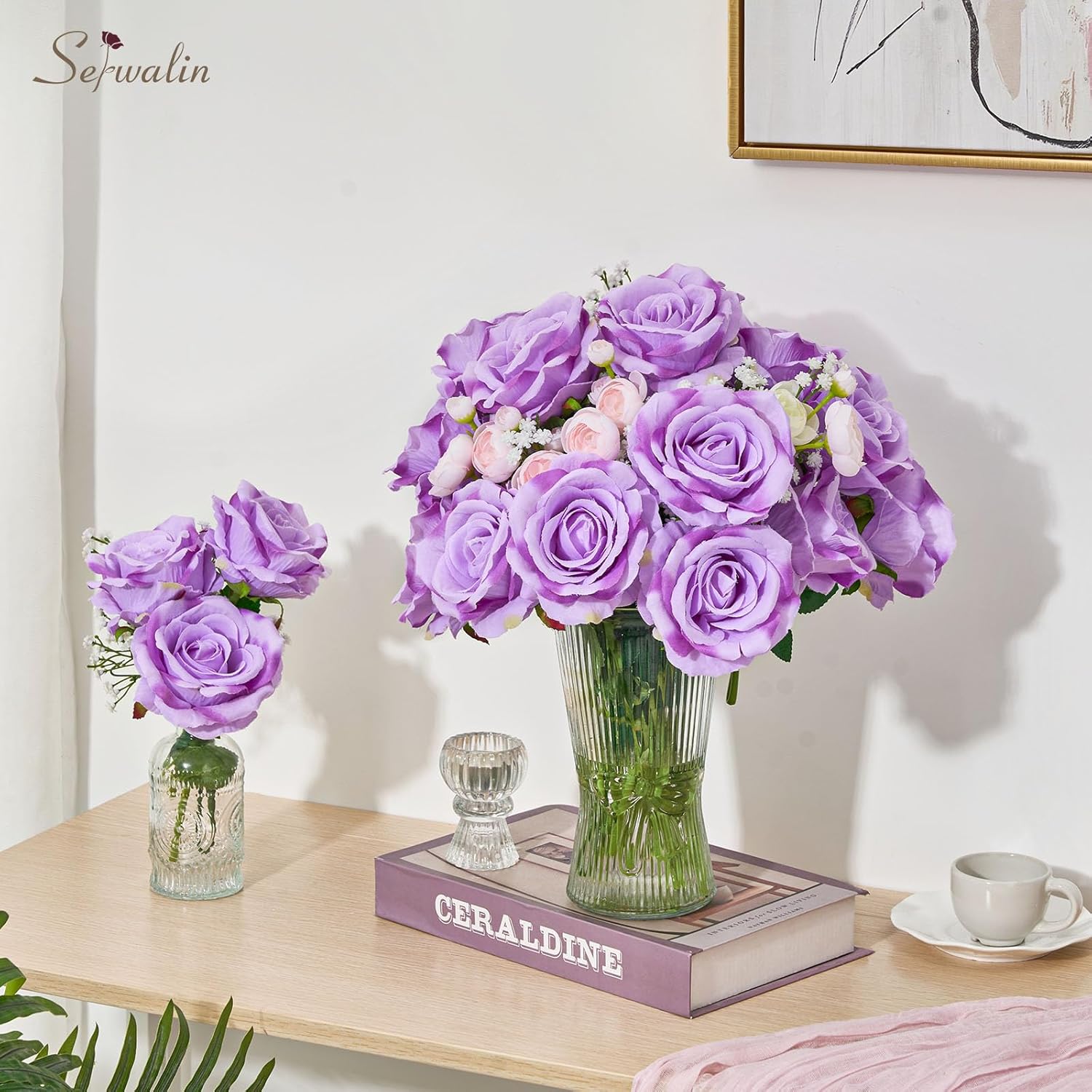 Serwalin 20pcs Artificial Roses, 4'' Big Flower Head, Light Purple Roses Velvet Real Touch, Silk Fake Roses Long Stem Realistic Bouquet for Wedding Table Centerpiece and Home Decor