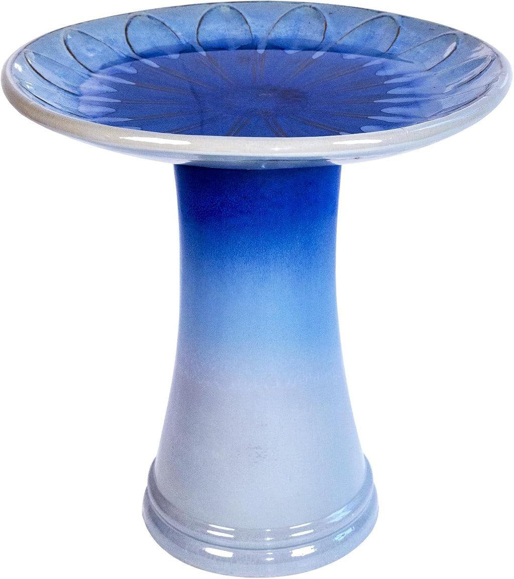 Ceramic Bird Bath for Outdoors – 18" H Birdbath Tool-Free Assembly, Hand-Glazed Earthenware with Non-Slip Bowl, Weather-Proof Sturdy Pedestal Design, Garden Decor (Blue)