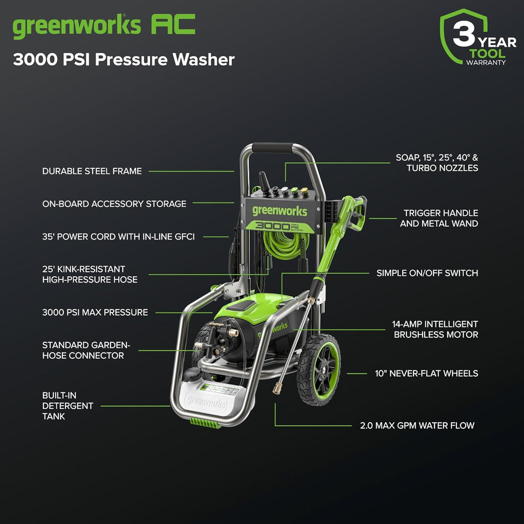 Greenworks Pro Brushless 3000 PSI (CSA Certified) 2.0 GPM Max / 1.1 GPM Electric Pressure Washer (Foldable Handles, Rugged Steel Frame, 25 FT Hose, 35 FT GFCI Power Cord)